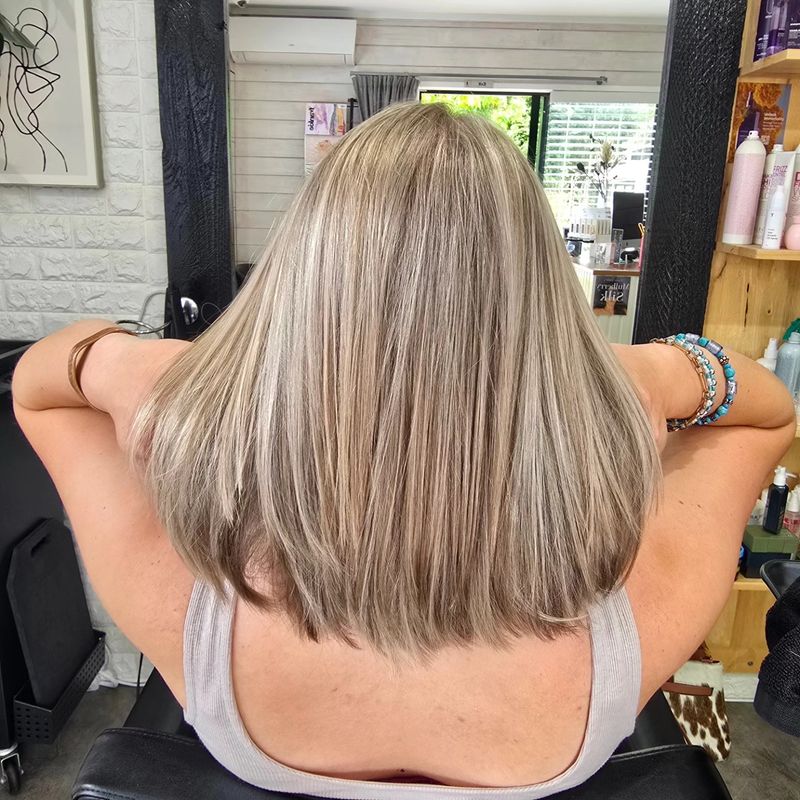 Ash blonde straight lob cut at Studio 15 hair salon Waipapa